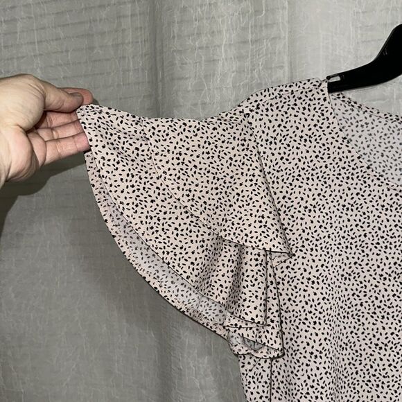 Adrianna Papell L Beige Black Spotted Double Short Flutter Sleeve Jersey Top - Picture 5 of 8